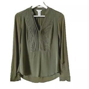 Sundance Silk Popover Top Size XS Olive Green Shirt Long Sleeve Blouse Roll Tab